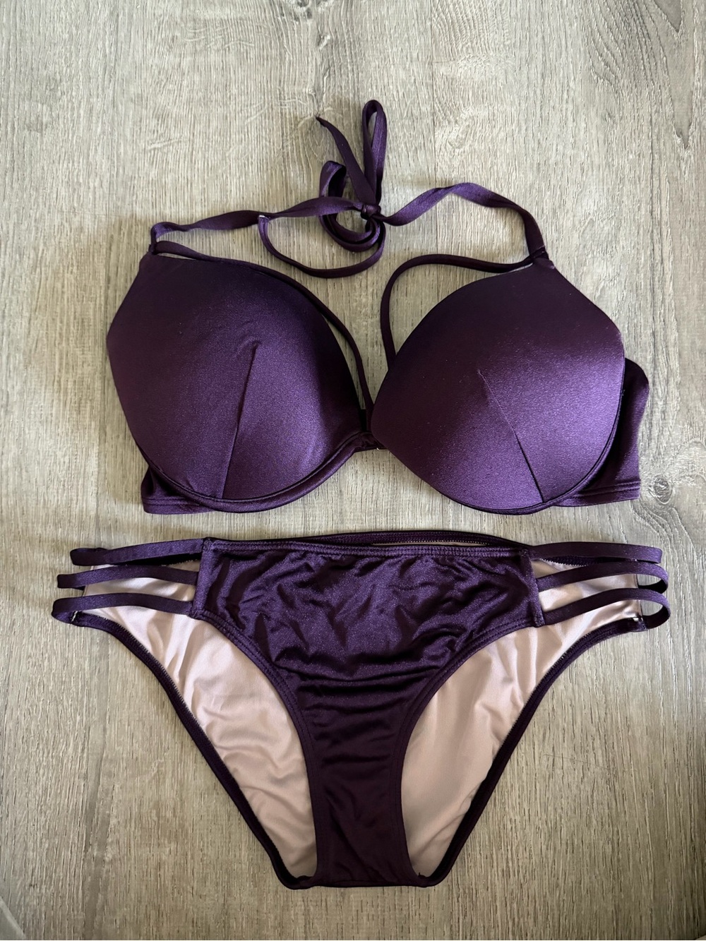 Victoria's Secret Deep Purple Strappy Bikini Set size S bottoms 34D top